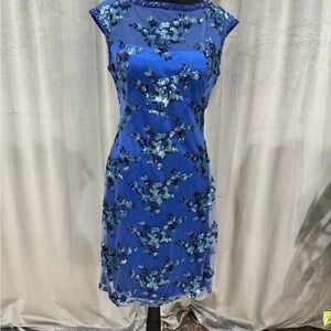 Sue Wong Blue and Black Floral Midi Dress